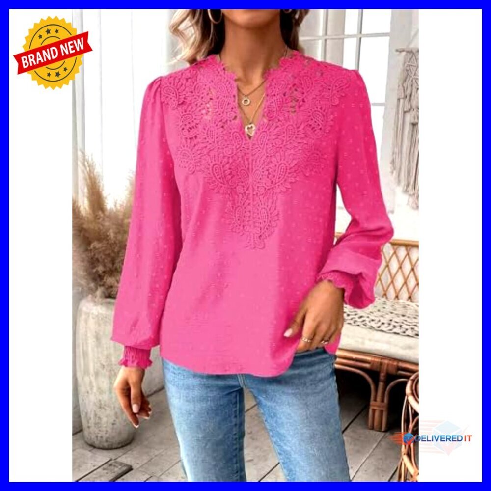 Swiss Dot Chiffon Blouse V Neck Long Sleeve Boho Lace Hem Flowy Casual - Picture 3 of 7